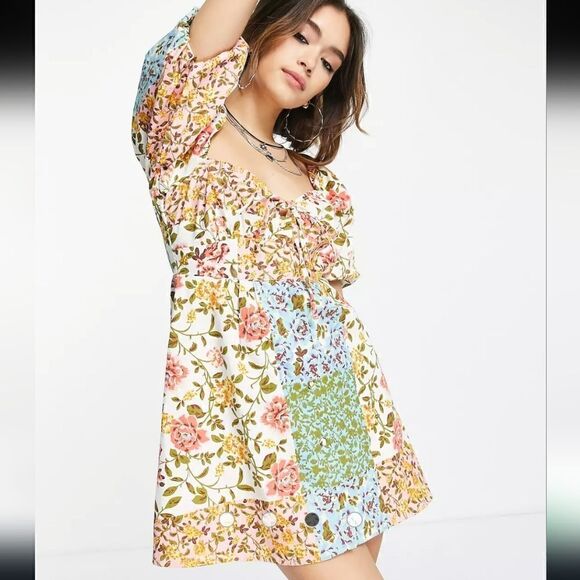 ASOS Twill Sweetheart Mini Tea Dress in Mixed Floral Print Size 10 - Picture 4 of 8